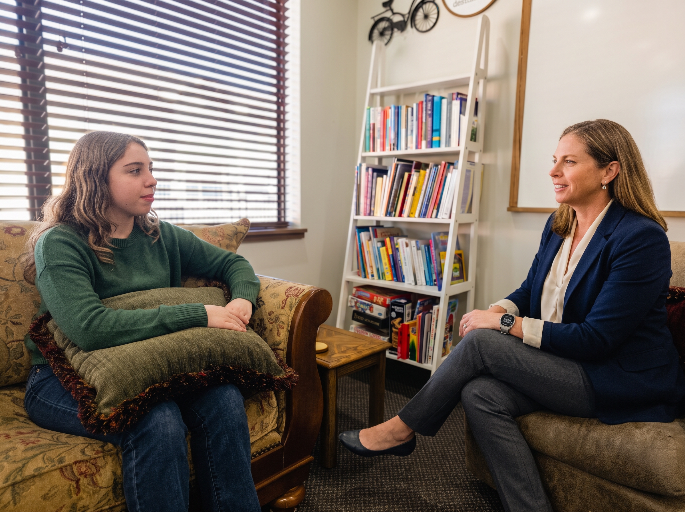 Dr. Nicole Wallace in a therapy conversation with a teenager in her Castle Rock office