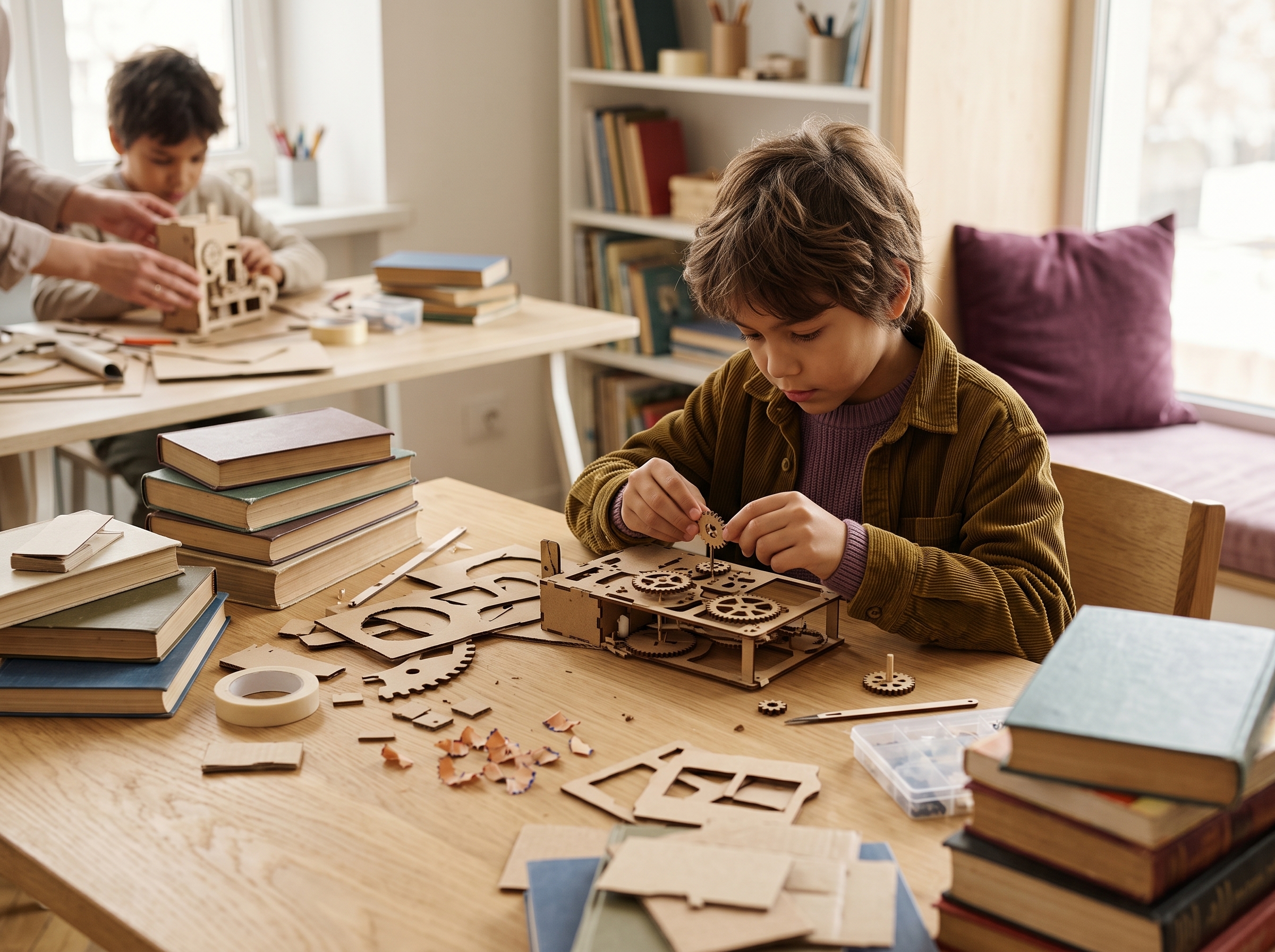 Gifted boy absorbed in assembling an intricate gear model surrounded by books
