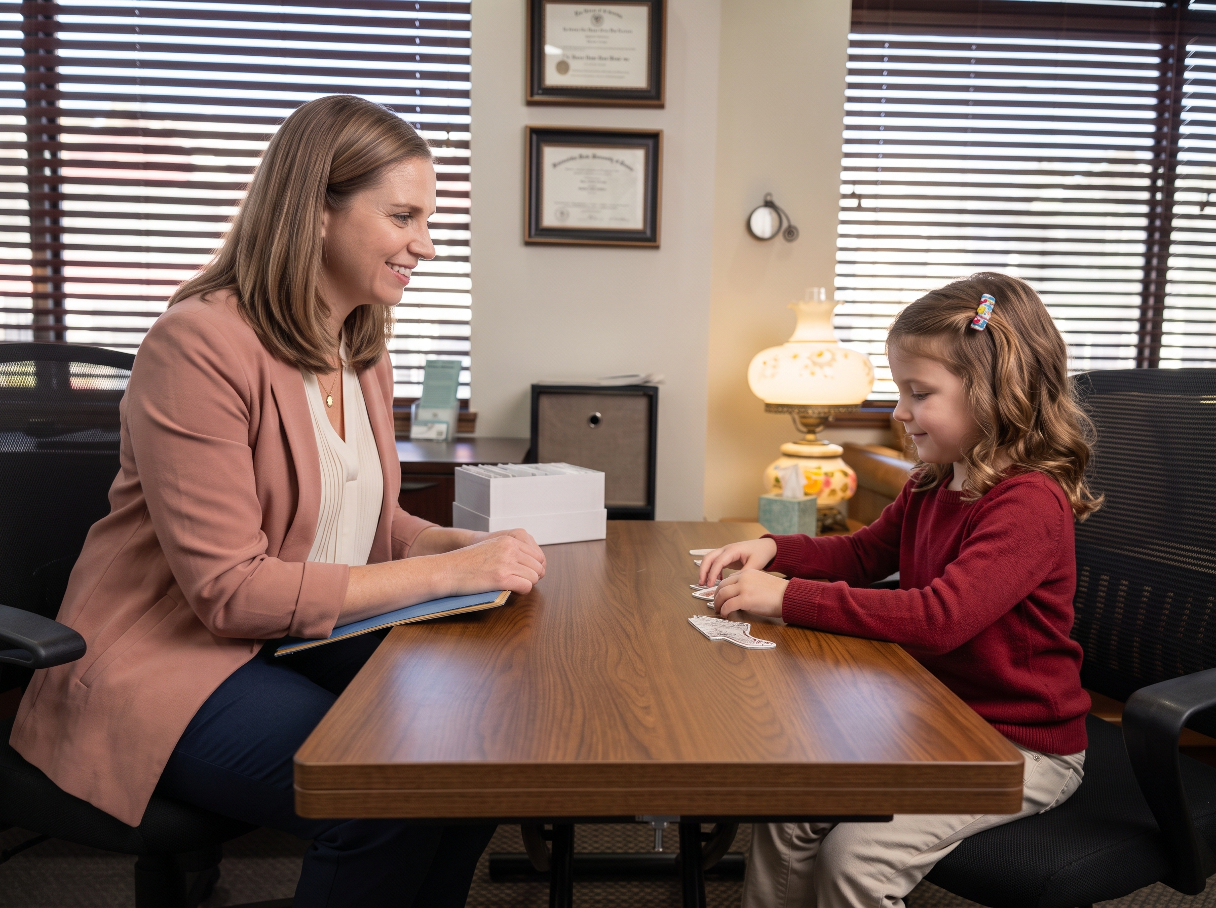 Dr. Nicole Wallace working with a young girl on a card task during a neuropsychological evaluation