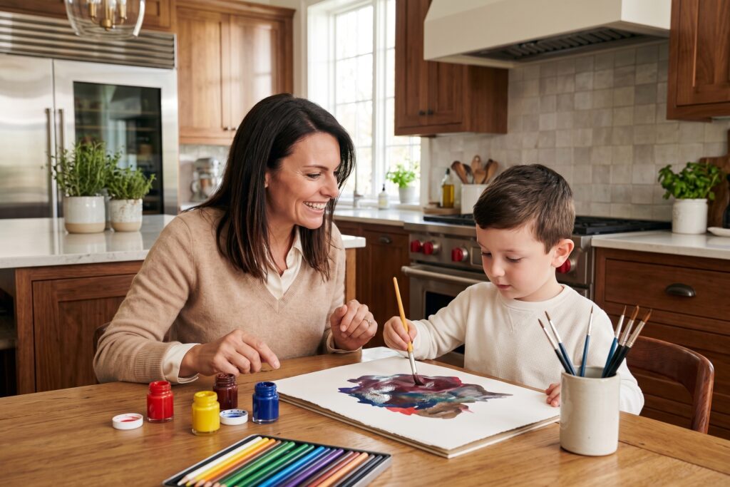 Mother smiling as her young son paints at the kitchen table