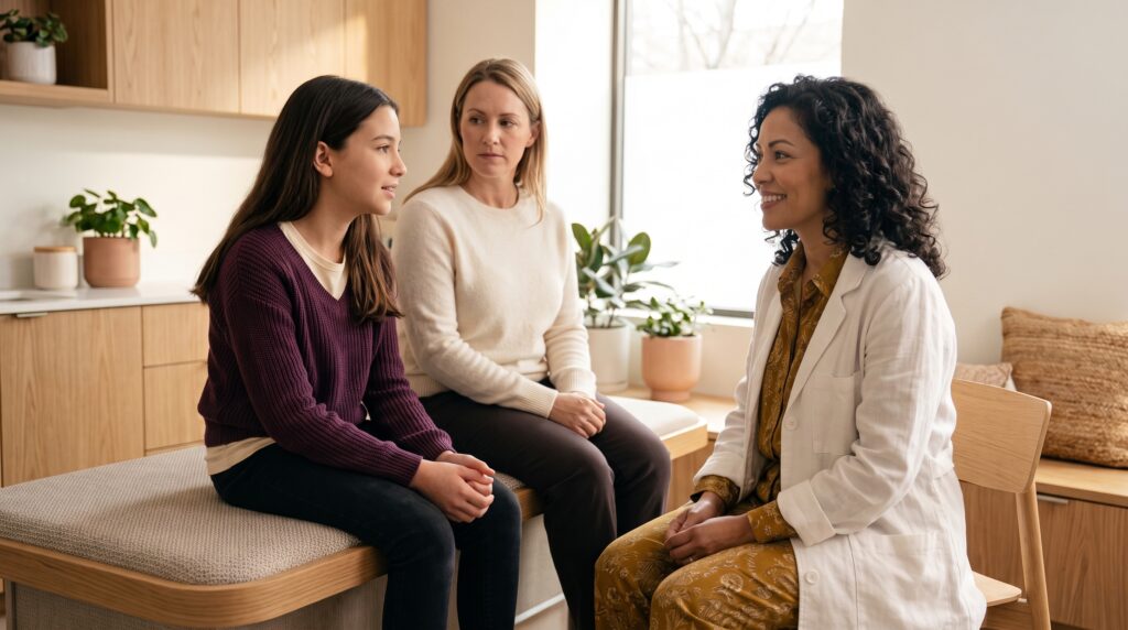 Pediatric physician talking with a teenage girl and her mother in a calm clinic room