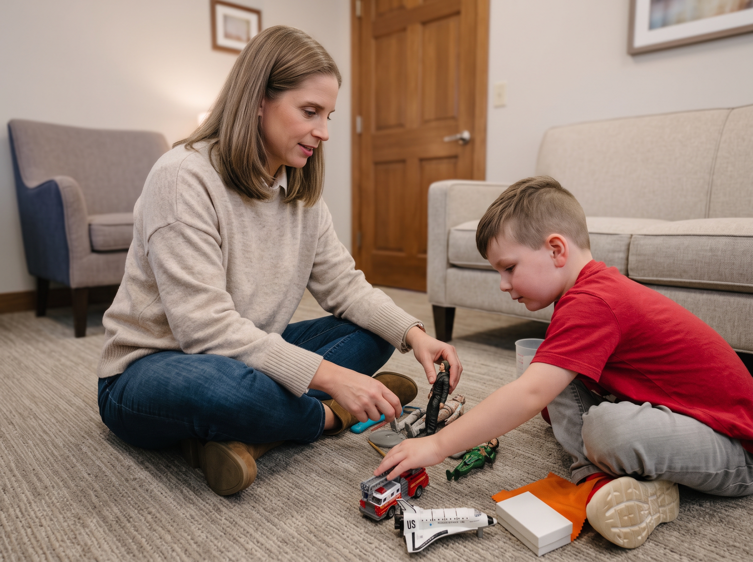 Dr. Nicole Wallace playing with toys on the floor with a young boy during a therapy session