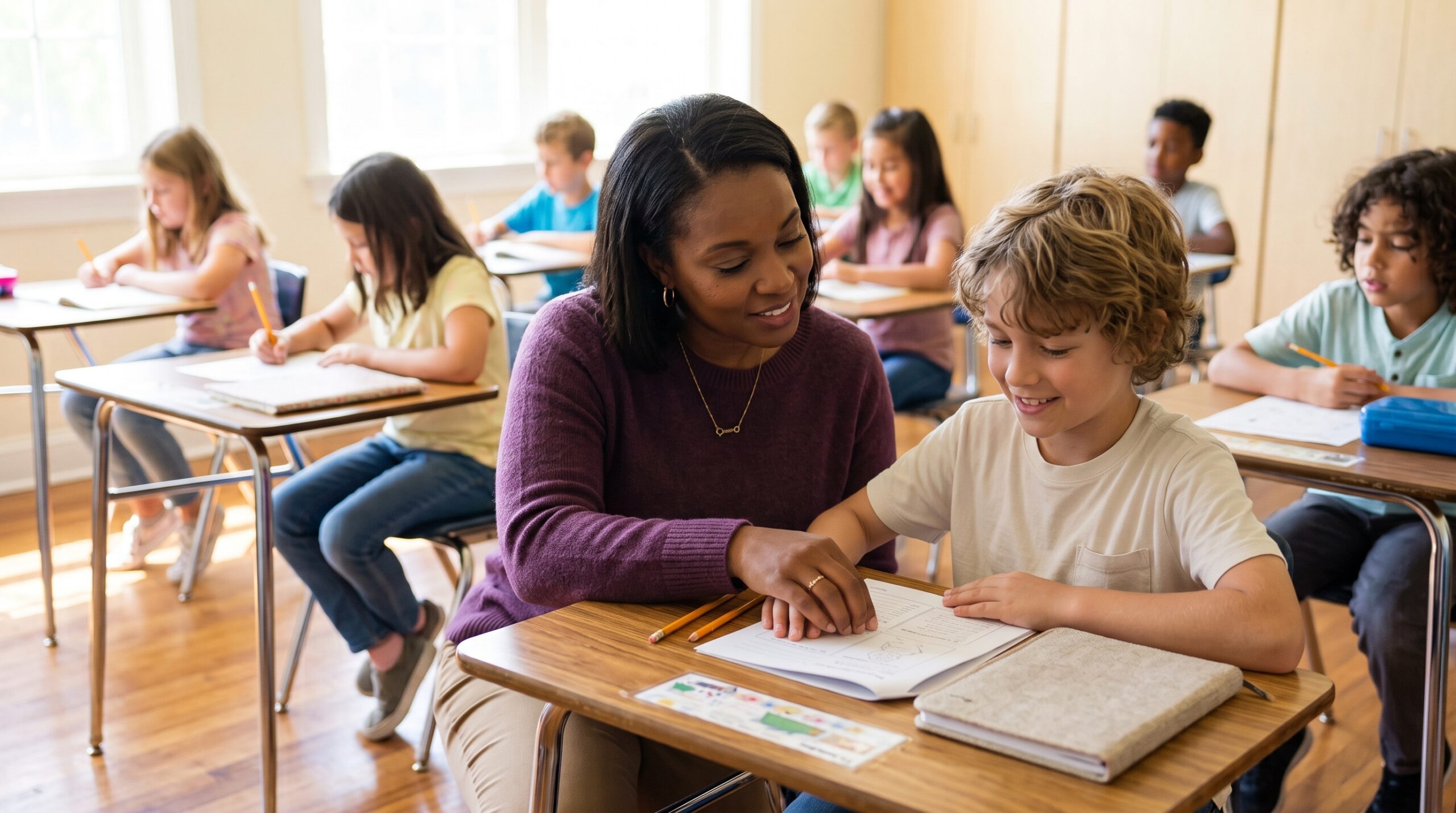 Teacher kneeling beside a smiling student to help with a worksheet in class
